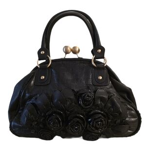 Isabella Fiore Black Leather Kiss-Lock Satchel / Crossbody with 3D Rosettes